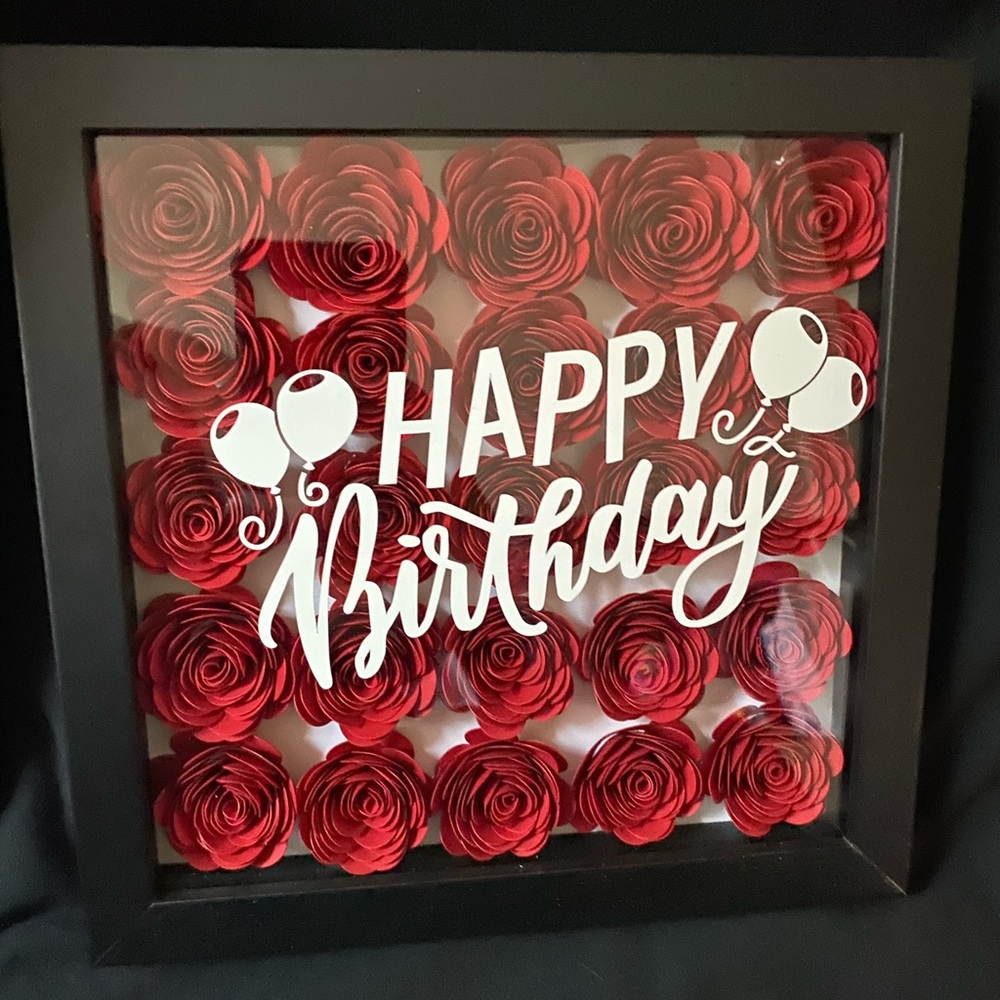 shadow box red flowers. happy birthday